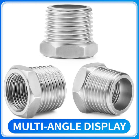 Stainless Steel Reducer Hex Bushing Fitting One Half Inch NPT Male To Three Eighths Inch NPT Female Adapter For Plumbing And DIY Heavy Duty Pro Grade Pipe Thread Connector 304 Stainless Corrosion Resistant 12 Pack, multi-angle display