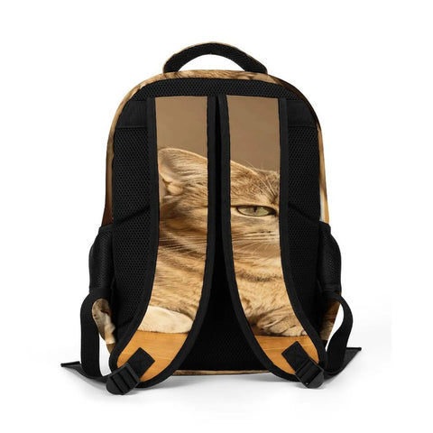 Back view of Indoor Striped Cat Printed Backpack For Unisex Use showing straps and cat image