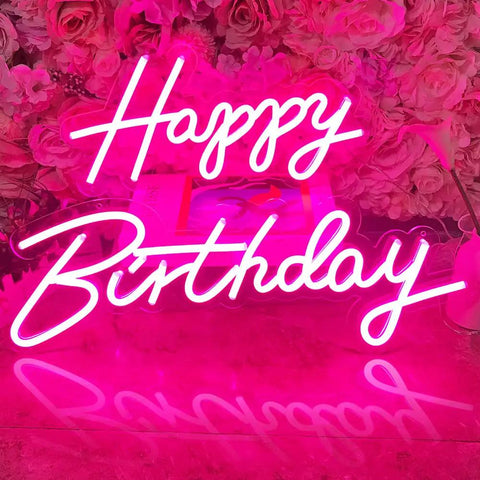 Pink Happy Birthday Neon Sign With Dimmer For Party Decoration And Bedroom Wall Decor Two Panel 16.5x8 And 23x8 Inches