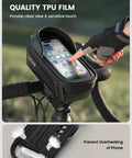 Cyclist using waterproof bike frame bag with 2 in 1 phone mount top tube pouch for cycling, showing TPU film on handlebar.