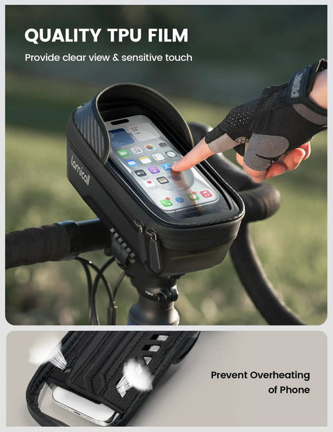 Cyclist using waterproof bike frame bag with 2 in 1 phone mount top tube pouch for cycling, showing TPU film on handlebar.