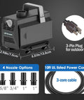 Beefy Submersible Water Pump 600GPH 35W With Flow Control, shown with 4 nozzles, 10ft power cable, and outdoor 3-pin plug.