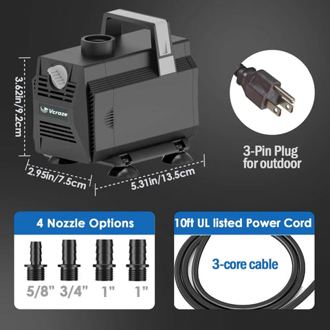 Beefy Submersible Water Pump 600GPH 35W With Flow Control, shown with 4 nozzles, 10ft power cable, and outdoor 3-pin plug.
