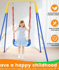 All In One Toddler Swing Set With Metal A Frame Stand Foldable Baby Swing Frame Easy Assembly And Storage Indoor Outdoor Swing Stand For Toddler Jumper Chair Seat Sturdy 165 Lb Capacity shown indoors with girl sitting