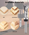 Pro Grade Extra Long Compression Flush Trim Router Bit With One Quarter Inch Shank And One Half Inch Cutting Diameter One And A Quarter Inch Cutting Length Spiral Pattern Template Router Bit For CNC Woodworking Edge Trimming with material compatibility chart showing MDF, Particleboard, Plywood/Laminate, Solid wood