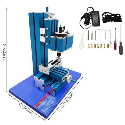 Garage Ready Mini Metal Milling Machine With Benchtop Lathe And Slick Precision Vise For 3000 Rpm showing blue metal structure and accessories.