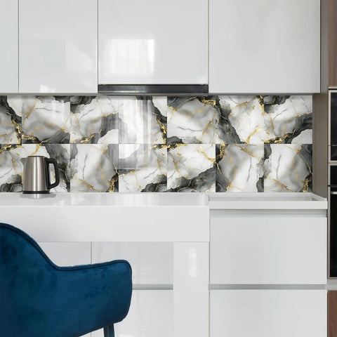 Marble Peel And Stick Backsplash Tiles 12x12 Inches Waterproof PVC Self Adhesive Wall Panels in a modern kitchen setup