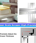 Smooth As Butter Automatic Cake Icing Smoother and No Fuss Cream Spreading Machine with adjustable laser scale for cream thickness.
