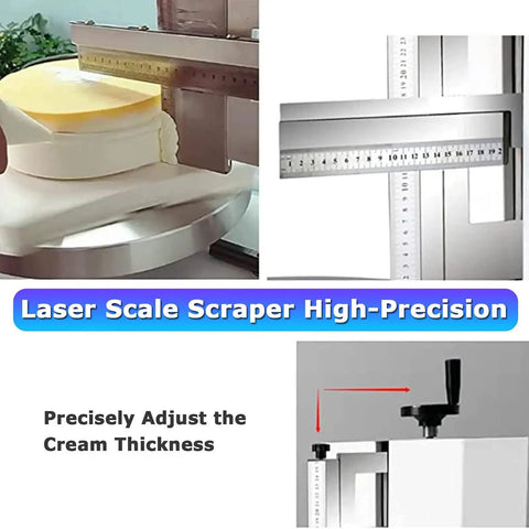 Smooth As Butter Automatic Cake Icing Smoother and No Fuss Cream Spreading Machine with adjustable laser scale for cream thickness.