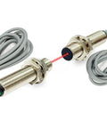 Ultra Compact Photoelectric Switch With Laser Beam, Through-Beam Reflective Optical Sensor, M12, 0-50M Range, NPN NO, 3-Wire DC12-24V, 650nm Laser, Tiny Footprint, 5ms Fast Response, M12 metal sensor with cable