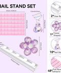 Holographic Nail Stand Kit For Press On Nails With Magnetic Holder, showing pink putty, flower base, long base, and clear holders.