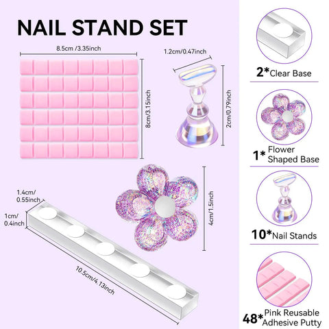 Holographic Nail Stand Kit For Press On Nails With Magnetic Holder, showing pink putty, flower base, long base, and clear holders.