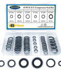 45-piece AC Compressor Port Seal Washer Kit with bonded seals and assorted washers in clear case for car AC repairs.