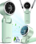 Mint Green Portable Handheld Turbo Fan That Delivers 12 Meters Per Second Wind, 15000 RPM Brushless Motor, 4000mAh Rechargeable Battery, LED Display, 3 in 1 Foldable Personal Fan For Camping Beach Travel On The Go with accessories, shown in different angles and positions
