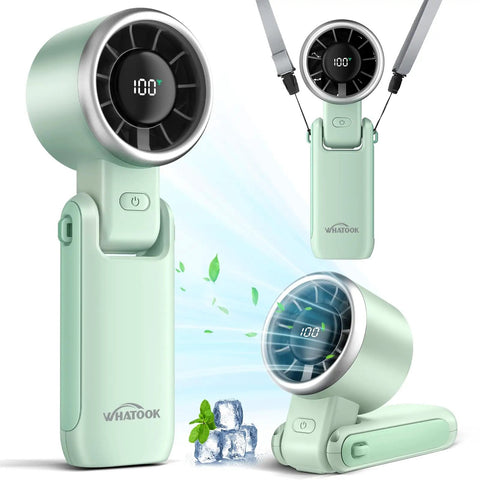 Mint Green Portable Handheld Turbo Fan That Delivers 12 Meters Per Second Wind, 15000 RPM Brushless Motor, 4000mAh Rechargeable Battery, LED Display, 3 in 1 Foldable Personal Fan For Camping Beach Travel On The Go with accessories, shown in different angles and positions