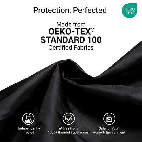 Black fabric labeled "Made from OEKO-TEX STANDARD 100 Certified Fabrics" for Built Tough Heavy Duty Waterproof Square Table Cover 38 by 38 Inches