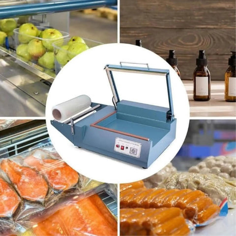 Impulse Heat Sealer Shrink Wrap Machine For Books Cds And Food, blue iron, versatile use for fruits, DVDs, and food items.