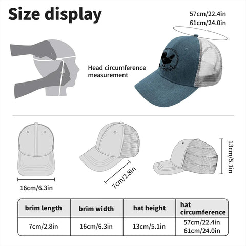 Sky Blue Adjustable Trucker Cap For Women size guide, showing dimensions, brim length, width, and head circumference.
