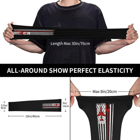 US Flag Airplane Wrench Cooling Arm Sleeves Ice Silk Sun Guard for Aviation Mechanics stretching to show elasticity and fit.