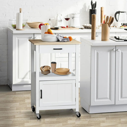 Smooth Rolling Kitchen Island Cart With Heavy Duty Casters And Solid Wood Top, White Mobile Coffee Bar And Microwave Stand For Dining Rooms, Straight Up Sturdy Setup That Is Gonna Last featuring wood top and storage.