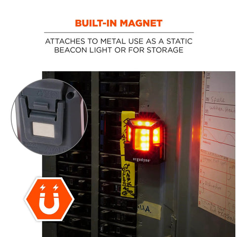 Skullerz 8993 Hard Hat Safety Light with magnetic mount attached to metal surface, showcasing its four-direction beacon feature.
