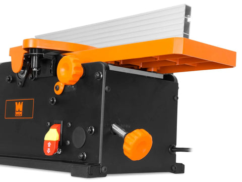 Heavy Duty 6 Inch Benchtop Jointer With 10 Amp Motor And Spiral Cutterhead For Silky Smooth Woodworking Edges Fully Adjustable Fence Setup Built Like A Tank showing control panel and adjustment knobs.