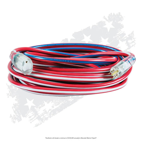 Beefy Built Tough Outdoor Extension Cord 50 Ft 12 Gauge 3 Conductor With Lighted End SJTW Contractor Grade Water Resistant Vinyl Jacket