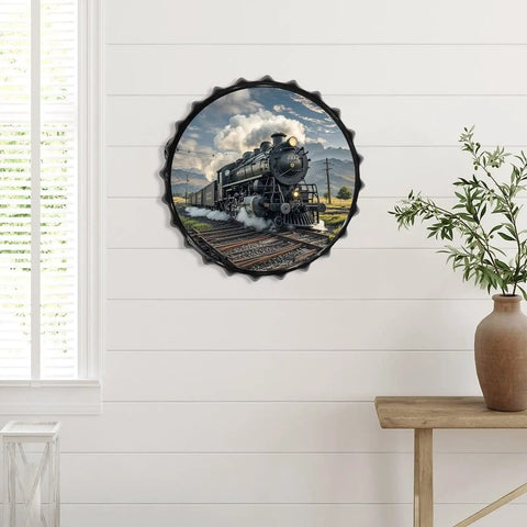 Vintage Steam Locomotive Wall Art Tin Sign, Metal Train Poster for Home Decor on white wall with plant, 11.8 inch