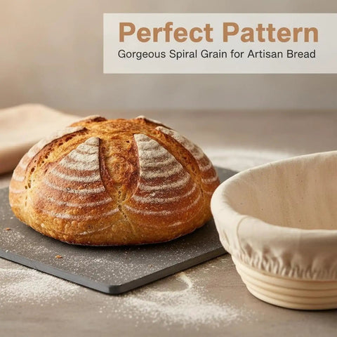 Banneton Bread Proofing Basket Set With Liners, Sourdough loaf with spiral pattern next to rattan basket on floured surface.