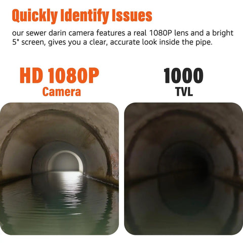 Dope Sewer Camera 100Ft Kit With 5 Inch HD 1080P Display Built In DVR 32GB Memory 5000mAh Battery Pipe Inspection Tool For Quick Drainage Checks And Plumbing Troubleshooting showing HD 1080P pipe view