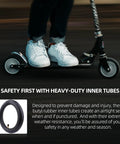 Child riding scooter with 2 Pack 8.5 Inch By 2 Inch Scooter Inner Tubes For 50 75 6.1 Tire Size Fit Electric And Gas Scooters Mini Pocket Bikes Butyl Rubber Replacement With Xiaomi M365 Compatibility.