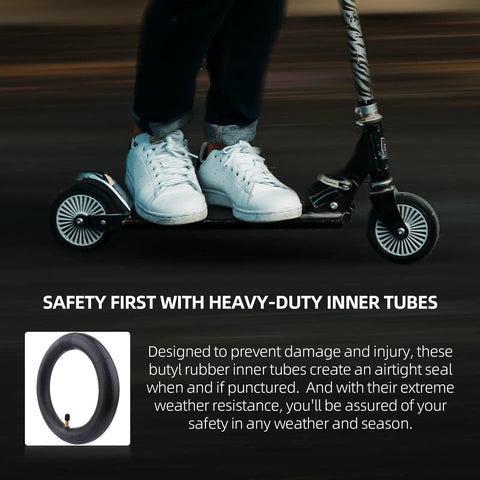 Child riding scooter with 2 Pack 8.5 Inch By 2 Inch Scooter Inner Tubes For 50 75 6.1 Tire Size Fit Electric And Gas Scooters Mini Pocket Bikes Butyl Rubber Replacement With Xiaomi M365 Compatibility.