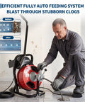 Heavy Duty Electric Drain Cleaner With Automatic Feed Sewer Snake And Foot Pedal in use, featuring a durable steel cable and auto feed system.