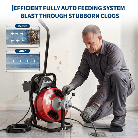 Heavy Duty Electric Drain Cleaner With Automatic Feed Sewer Snake And Foot Pedal in use, featuring a durable steel cable and auto feed system.