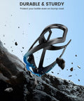 Ultralight Bike Water Bottle Holder For 2.75 To 3.94 Inch Bottles With Durable Cup Cage And Screw Tool, shown with rocky terrain.