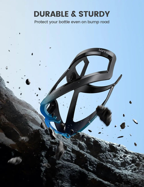 Ultralight Bike Water Bottle Holder For 2.75 To 3.94 Inch Bottles With Durable Cup Cage And Screw Tool, shown with rocky terrain.