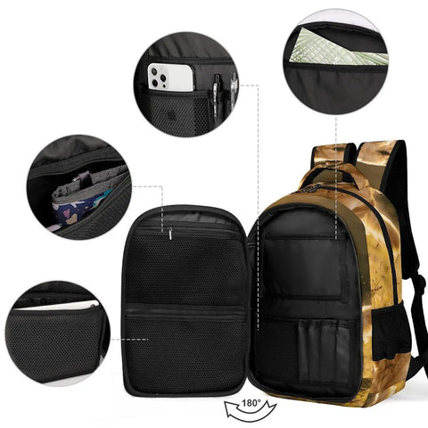 Happy Sprinting Golden Dog Print Unisex Backpack with large capacity, open view showing pockets, durable polyester, school or travel use.