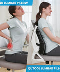 Woman using and not using Comfortable Lumbar Support Pillow For Office Chair And Car With Mesh Cover And Double Adjustable Straps