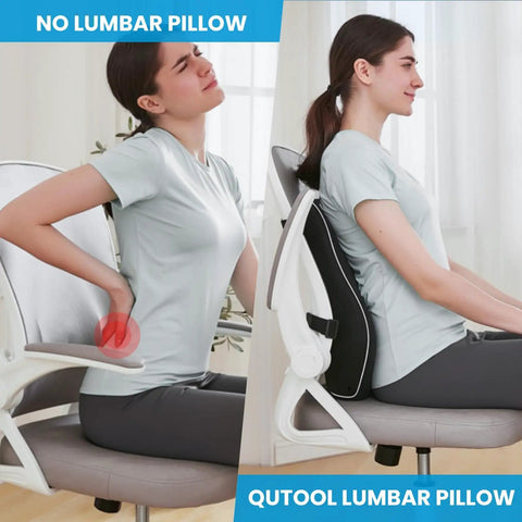 Woman using and not using Comfortable Lumbar Support Pillow For Office Chair And Car With Mesh Cover And Double Adjustable Straps