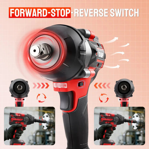 Heavy Duty Cordless Impact Wrench With Half Inch Drive Featuring A Brushless Motor And Legit 1106 Foot Pound Torque showing forward-stop-reverse switch.