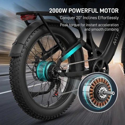 Powerful 2000W Peak Electric Mountain Bike With 864Wh Battery And Step Through Frame Delivers 40 To 80 Mile Range On Fat Tires