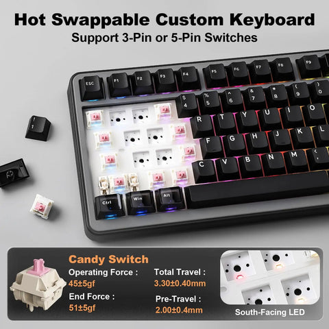 Compact 75 Percent Mechanical Keyboard Featuring Customizable LCD Screen And Rock Solid Volume Knob Equipped With Super Smooth Candy Switches For Seamless PC Gaming And Daily Grind Typing, showing hot swappable keys.