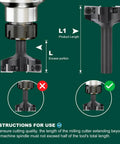 Heavy Duty Spoilboard Surfacing Router Bit For Woodworking With 2 Inch Cutting Diameter And Half Inch Shank Planing Bit With 6 Carbide Inserts For Lightning Fast Slab Flattening shown with product dimensions and use instructions.