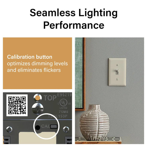 Ivory Toggle Led Dimmer Switch For Up To 150 Watt Bulbs with calibration button for flicker-free lighting.