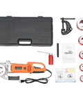 Heavy Duty Electric Pipe Threader With Beefy 2300 Watt Copper Motor And Six Swappable Dies Compact Portable Handheld Rig laid out with accessories in a black case.