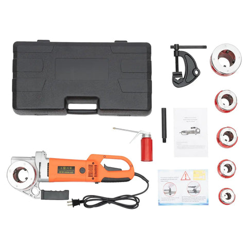 Heavy Duty Electric Pipe Threader With Beefy 2300 Watt Copper Motor And Six Swappable Dies Compact Portable Handheld Rig laid out with accessories in a black case.