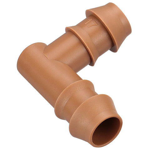 Close-up of a brown elbow fitting from the Drip Irrigation Fittings Kit For One Half Inch Tubing, 20 Pieces With Couplings, Tees, And Elbows