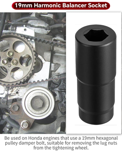 19mm harmonic balancer socket for crank arm removal tool set compatible with Honda and Acura engines, shown next to engine setup