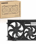 Direct Fit Engine Radiator Cooling Fan Assembly For Audi A3 And TT Quattro 2006 To 2015 with dual blades and frame.