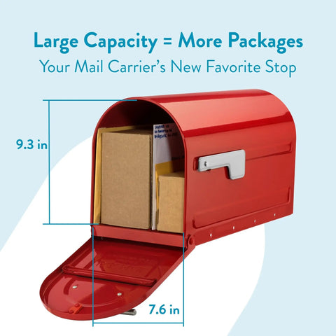 Boulder Post Mounted Mailbox 7900-7R-SR Red Built Tough All Weather Galvanized Steel Rust Resistant mailbox open with packages inside